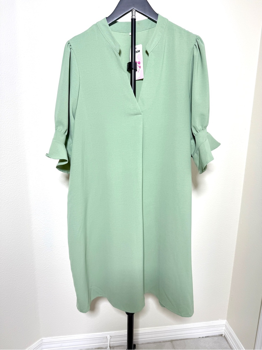 Sage Green V-Neck Midi Dress with Ruffle Cuffs